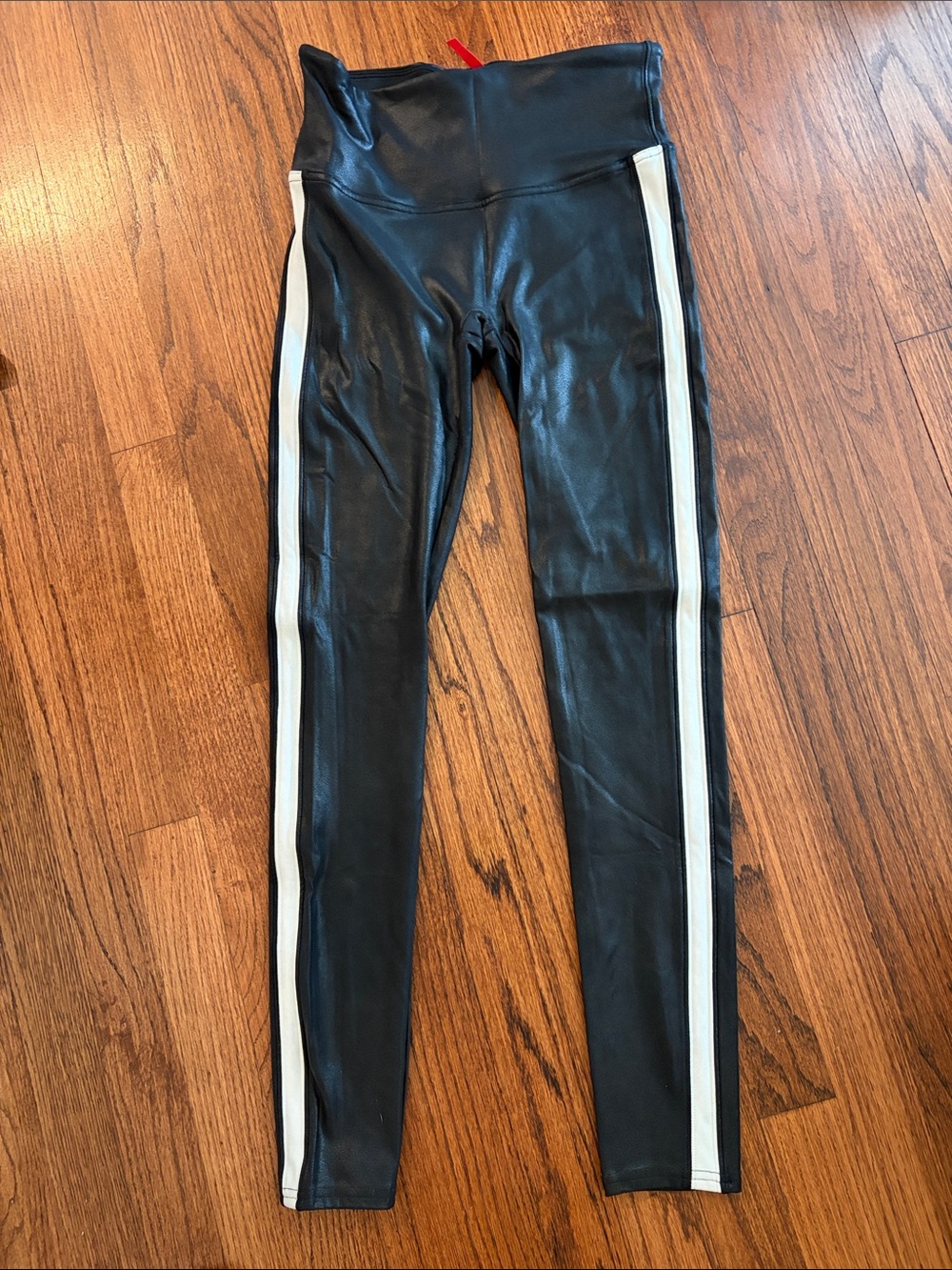 SPANX Black Faux Leather Leggings with White Side Stripes
